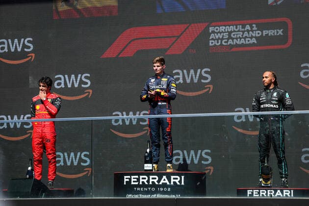 Podium: VERSTAPPEN Max (ned), Red Bull Racing RB18, SAINZ Carlos (spa), Scuderia Ferrari F1-75, HAMILTON Lewis (gbr), Mercedes AMG F1 Team W13, portrait during the Formula 1 AWS Grand Prix du Canada 2022, 9th round of the 2022 FIA Formula One World Championship, WM, Weltmeisterschaft on the Circuit Gilles Villeneuve, from June 17 to 19, 2022 in Montreal, Canada - F1 - CANADIAN GRAND PRIX 2022 - RACE DPPI Panoramic  20220619_G00D4861