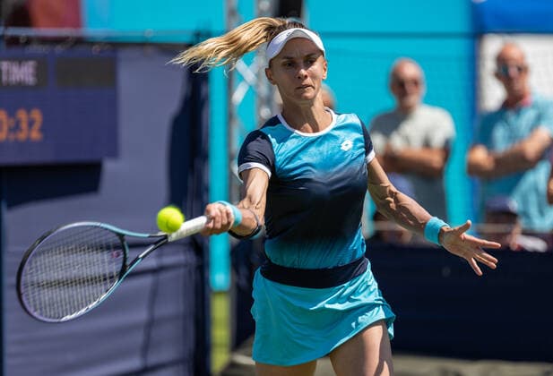 20th June 2022, Devonshire Park, Eastbourne, England; Eastbourne International Lawn Tennis Tournament; Lesia Tsurenko (UKR) plays a forehand against Camila Osorio (COL)  ActionPlus12401670 HongboxChen