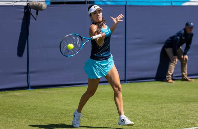 20th June 2022, Devonshire Park, Eastbourne, England; Eastbourne International Lawn Tennis Tournament; Camila Osorio (COL) plays a forehand against Lesia Tsurenko (UKR)  ActionPlus12401673 HongboxChen