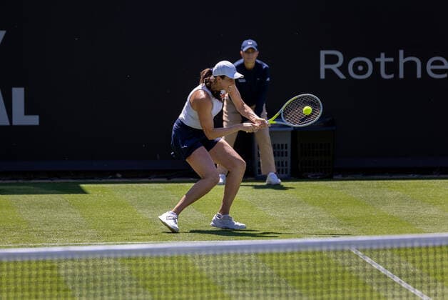 20th June 2022, Devonshire Park, Eastbourne, England; Eastbourne International Lawn Tennis Tournament; Rebecca Marino (Can) plays a backhand against Heather Watson (GBR)  ActionPlus12401680 HongboxChen