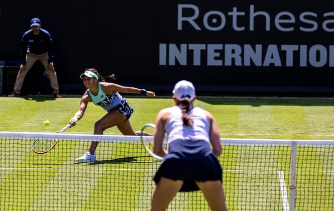 20th June 2022, Devonshire Park, Eastbourne, England; Eastbourne International Lawn Tennis Tournament; Heather Watson (GBR) plays a forehand against Rebecca Marino (Can)  ActionPlus12401684 HongboxChen