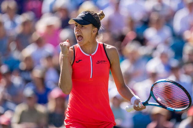 EASTBOURNE, ENGLAND - JUNE 20: Magda Linette of Poland celebrates match against Alison Riske at Devonshire Park on June 20, 2022 in Eastbourne, E Rothesay International Eastbourne - Day Three Copyright: xSebastianxFrejx
