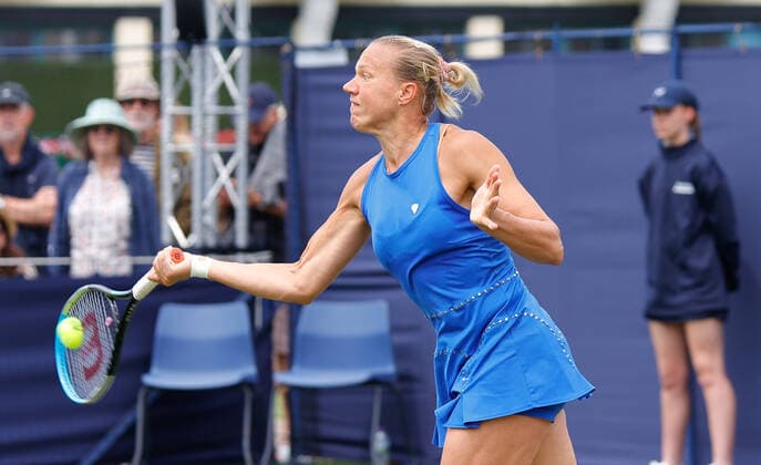 21st June 2022, Devonshire Park, Eastbourne, England; Eastbourne International Lawn Tennis Tournament; Kaia Kanepi (EST) plays a forehand against Beatriz Haddad Maia (BRA)  ActionPlus12401847 HongboxChen