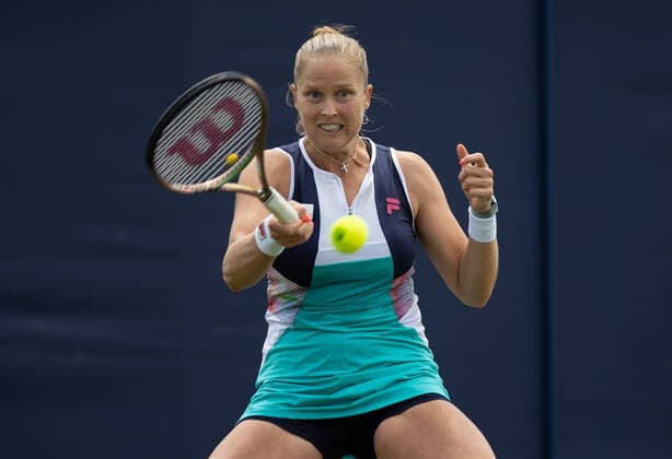 21st June 2022, Devonshire Park, Eastbourne, England; Eastbourne International Lawn Tennis Tournament; Shelby Rogers (USA) plays a forehand against Viktoriya Tomova (BEL)  ActionPlus12401874 HongboxChen