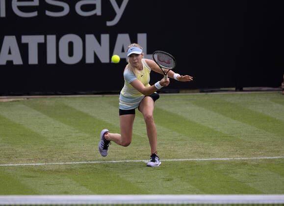 21st June 2022, Devonshire Park, Eastbourne, England; Eastbourne International Lawn Tennis Tournament; Katie Boulter (GBR) plays a forehand against Karolina Pliskova (CZE)  ActionPlus12401876 HongboxChen