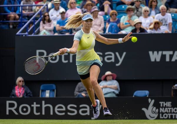 21st June 2022, Devonshire Park, Eastbourne, England; Eastbourne International Lawn Tennis Tournament; Katie Boulter (GBR) plays a forehand against Karolina Pliskova (CZE)  ActionPlus12401881 HongboxChen