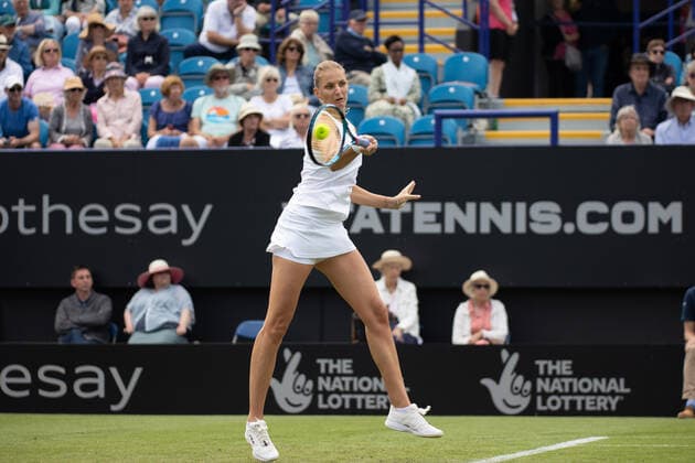 21st June 2022, Devonshire Park, Eastbourne, England; Eastbourne International Lawn Tennis Tournament; Karolina Pliskova (CZE) plays a forehand Katie Boulter (GBR)  ActionPlus12401884 HongboxChen