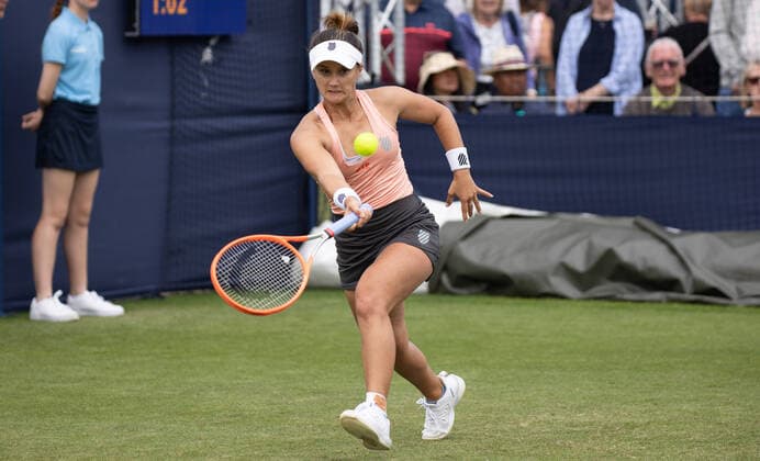 21st June 2022, Devonshire Park, Eastbourne, England; Eastbourne International Lawn Tennis Tournament; Lauren Davis (USA) plays a forehand against Madison Keys (USA)  ActionPlus12401888 HongboxChen
