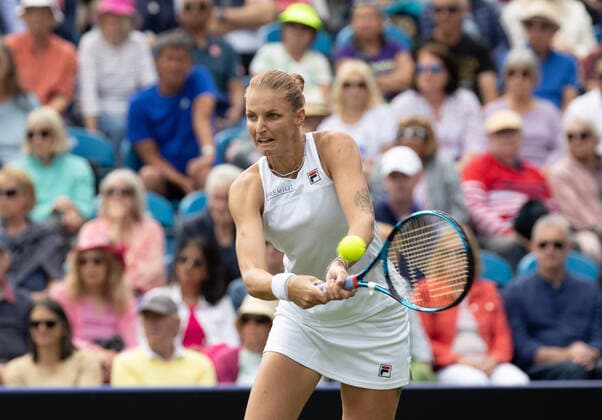 21st June 2022, Devonshire Park, Eastbourne, England; Eastbourne International Lawn Tennis Tournament; Karolina Pliskova (CZE) plays a backhand against Katie Boulter (GBR)  ActionPlus12401899 HongboxChen