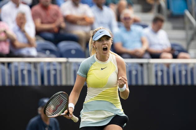 21st June 2022, Devonshire Park, Eastbourne, England; Eastbourne International Lawn Tennis Tournament; Katie Boulter (GBR) shows emotion in the match against Karolina Pliskova (CZE)  ActionPlus12401901 HongboxChen