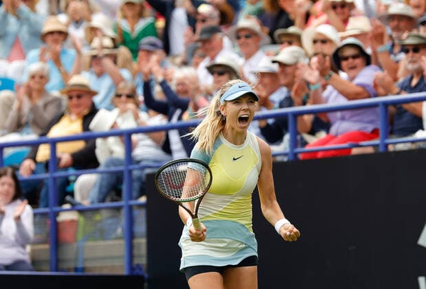 21st June 2022, Devonshire Park, Eastbourne, England; Eastbourne International Lawn Tennis Tournament; Katie Boulter (GBR) celebrates her victory after the match with Karolina Pliskova (CZE)  ActionPlus12401903 HongboxChen