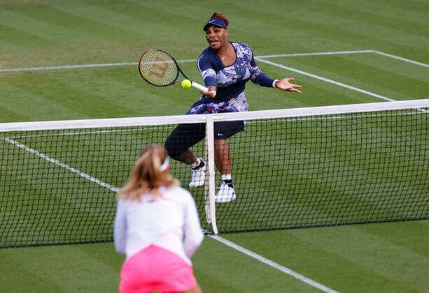 21st June 2022, Devonshire Park, Eastbourne, England; Eastbourne International Lawn Tennis Tournament; Serena William (USA) plays a volley in the match against Marie Bouzkova (CZE) and Sara Sorribes Tormo (ESP)  ActionPlus12401909 HongboxChen