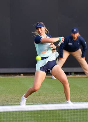 21st June 2022, Devonshire Park, Eastbourne, England; Eastbourne International Lawn Tennis Tournament; Paula Badodsa (ESP) plays a forehand against Jodie Burrage (GBR)  ActionPlus12401912 HongboxChen
