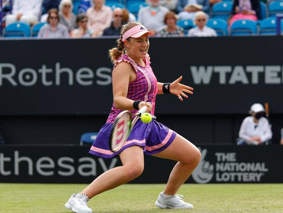 21st June 2022, Devonshire Park, Eastbourne, England; Eastbourne International Lawn Tennis Tournament; Jelena Ostapenko (LAT) plays a forehand against Ajla Tomljanovic (AUS)  ActionPlus12401918 HongboxChen