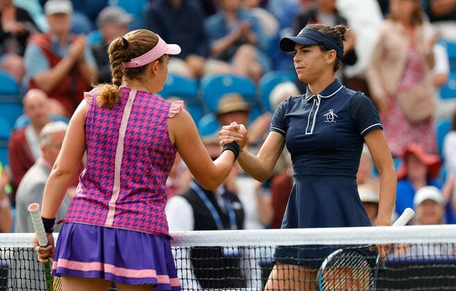21st June 2022, Devonshire Park, Eastbourne, England; Eastbourne International Lawn Tennis Tournament; Ajla Tomljanovic (AUS) shakes hands after the match with Jelena Ostapenko (LAT)  ActionPlus12401922 HongboxChen