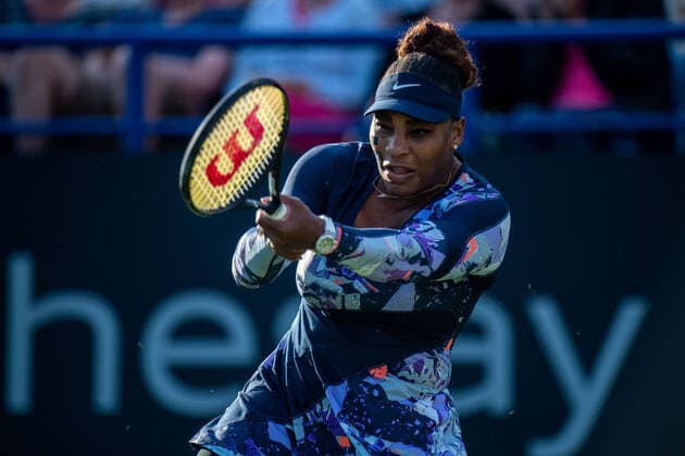 EASTBOURNE, ENGLAND - JUNE 21: Serena Williams of United States plays during their Women s Doubles Round of 16 match together with with Ons Jabeur of Tunisia against Marie Bouzkova and Sara Sorribes Tormeo during Day Four of Rothesay International Eastbourne match on Day 4 of the Devonshire Park on June 21, 2022 in Eastbourne, E Rothesay International Eastbourne - Day Four Copyright: xSebastianxFrejx
