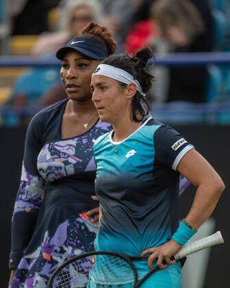 EASTBOURNE, ENGLAND - JUNE 21: Serena Williams of United States plays during their Women s Doubles Round of 16 match together with with Ons Jabeur of Tunisia against Marie Bouzkova and Sara Sorribes Tormeo during Day Four of Rothesay International Eastbourne match on Day 4 of the Devonshire Park on June 21, 2022 in Eastbourne, E Rothesay International Eastbourne - Day Four Copyright: xSebastianxFrejx