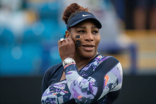 EASTBOURNE, ENGLAND - JUNE 21: Serena Williams of United States plays during their Women s Doubles Round of 16 match together with with Ons Jabeur of Tunisia against Marie Bouzkova and Sara Sorribes Tormeo during Day Four of Rothesay International Eastbourne match on Day 4 of the Devonshire Park on June 21, 2022 in Eastbourne, E Rothesay International Eastbourne - Day Four Copyright: xSebastianxFrejx