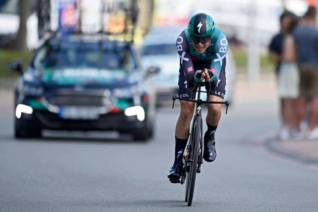 GAVERE, BELGIUM - JUNE 23 : Uijtdebroeks Cian (BEL) of BORA - hansgrohe pictured in action during the 2022 Belgian national championships cycling individual time - trial race for men elite with start and finish in Gavere (35,0km) on June 23, 2022 in Gavere, Belgium, 23 06 2022 ( 2022 Belgian national championship individual time trial race for men elite PhotoNews Panoramic 