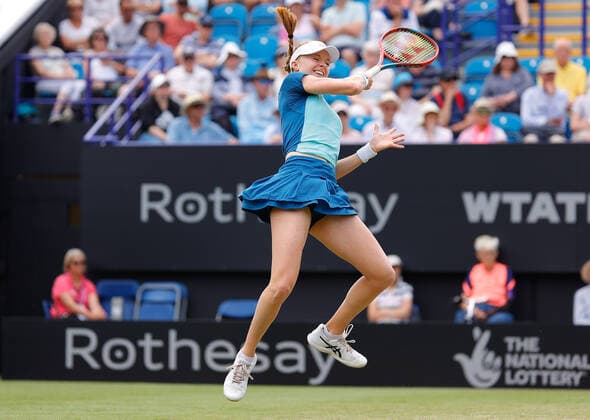 23rd June 2022, Devonshire Park, Eastbourne, England; Eastbourne International Lawn Tennis Tournament; Harriet Dart (GBR) plays a forehand against Petra Kvitova (CZE)  ActionPlus12402098 HongboxChen