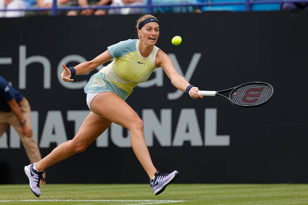 23rd June 2022, Devonshire Park, Eastbourne, England; Eastbourne International Lawn Tennis Tournament; Petra Kvitova (CZE) plays a forehand against Harriet Dart (GBR)  ActionPlus12402101 HongboxChen