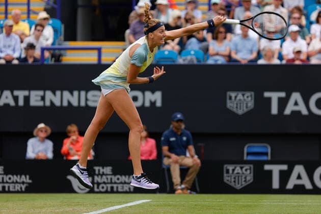 23rd June 2022, Devonshire Park, Eastbourne, England; Eastbourne International Lawn Tennis Tournament; Petra Kvitova (CZE) serves to Harriet Dart (GBR)  ActionPlus12402102 HongboxChen