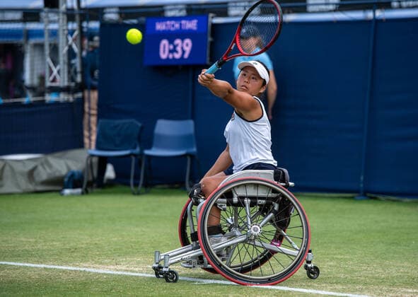 EASTBOURNE, ENGLAND - JUNE 23: Yui Kamiji of Japan plays against Abbie Breakwell of Great Britain on British Grass Court Wheelchair Tennis Tournament Quarter-final match at Day Six of Rothesay International Eastbourne at Devonshire Park on June 23, 2022 in Eastbourne, E Rothesay International Eastbourne - Day Six Copyright: xSebastianxFrejx