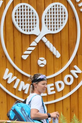 Belgian Kirsten Flipkens pictured at a training session ahead of the 2022 Wimbledon grand slam tennis tournament at the All England Tennis Club, in south-west London, Britain, Friday 24 June 2022. BENOITxDOPPAGNE  x36598596x