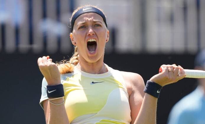 Mandatory Credit: Photo by Dave Shopland Shutterstock (12992817d) Petra Kvitova celebrates match point as she reaches the final Rothesay International Eastbourne, Tennis, Devonshire Park, Eastbourne, UK - 24 Jun 2022 Rothesay International Eastbourne, Tennis, Devonshire Park, Eastbourne, UK - 24 Jun 2022  Copyright: xDavexShopland Shutterstockx 12992817d