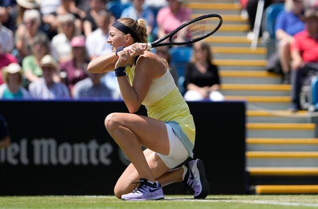 Mandatory Credit: Photo by Dave Shopland Shutterstock (12992817o) Petra Kvitova celebrates match point as she reaches the final Rothesay International Eastbourne, Tennis, Devonshire Park, Eastbourne, UK - 24 Jun 2022 Rothesay International Eastbourne, Tennis, Devonshire Park, Eastbourne, UK - 24 Jun 2022  Copyright: xDavexShopland Shutterstockx 12992817o