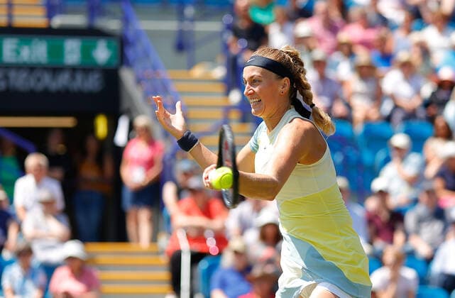 24th June 2022, Devonshire Park, Eastbourne, England; Eastbourne International Lawn Tennis Tournament; Petra Kvitova (CZE) plays a forehand against Beatriz Haddad Maia (BRA)  ActionPlus12402191 HongboxChen