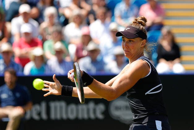 24th June 2022, Devonshire Park, Eastbourne, England; Eastbourne International Lawn Tennis Tournament; Beatriz Haddad Maia (BRA) plays a forehand against Petra Kvitova (CZE)  ActionPlus12402192 HongboxChen