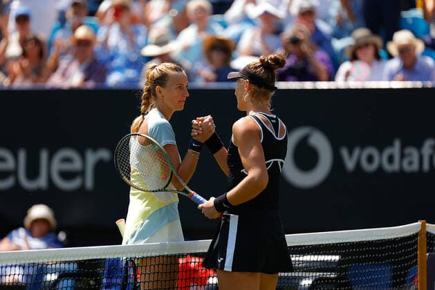24th June 2022, Devonshire Park, Eastbourne, England; Eastbourne International Lawn Tennis Tournament; Winner Petra Kvitova (CZE) shakes hands with Beatriz Haddad Maia (BRA) after the match  ActionPlus12402193 HongboxChen