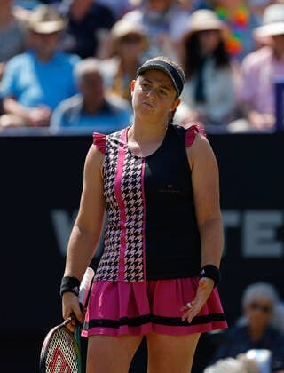 24th June 2022, Devonshire Park, Eastbourne, England; Eastbourne International Lawn Tennis Tournament; Jelena Ostapenko (LAT) shows emotion in the match against Camila Giorgi (ITA)  ActionPlus12402195 HongboxChen