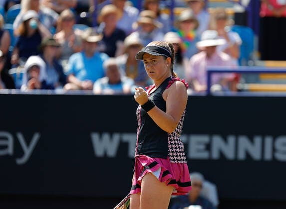 24th June 2022, Devonshire Park, Eastbourne, England; Eastbourne International Lawn Tennis Tournament; Jelena Ostapenko (LAT) shows emotion in the match against Camila Giorgi (ITA)  ActionPlus12402196 HongboxChen