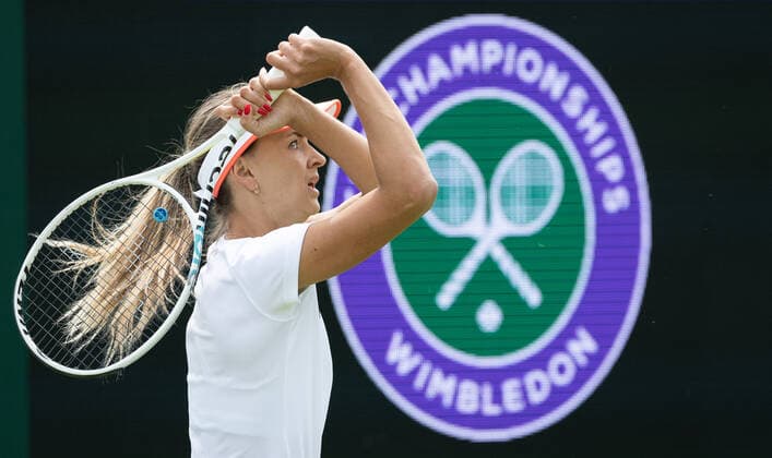 Belgian Maryna Zanevska pictured during a training session ahead of the 2022 Wimbledon grand slam tennis tournament at the All England Tennis Club, in south-west London, Britain, Saturday 25 June 2022. BENOITxDOPPAGNE  x36628519x