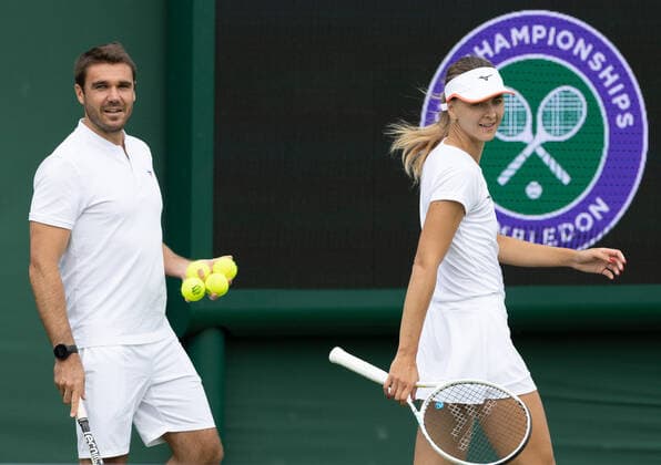 Belgian Maryna Zanevska and her coach Geoffroy Vereerstraeten pictured during a training session ahead of the 2022 Wimbledon grand slam tennis tournament at the All England Tennis Club, in south-west London, Britain, Saturday 25 June 2022. BENOITxDOPPAGNE  x36628565x