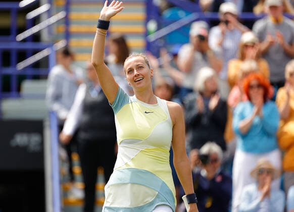 25th June 2022, Devonshire Park, Eastbourne, England; Eastbourne International Lawn Tennis Tournament finals; Petra Kvitova (CZE) celebrates her victory after defeating Jelena Ostapenko (LAT) in the womens singles final  ActionPlus12402329 HongboxChen
