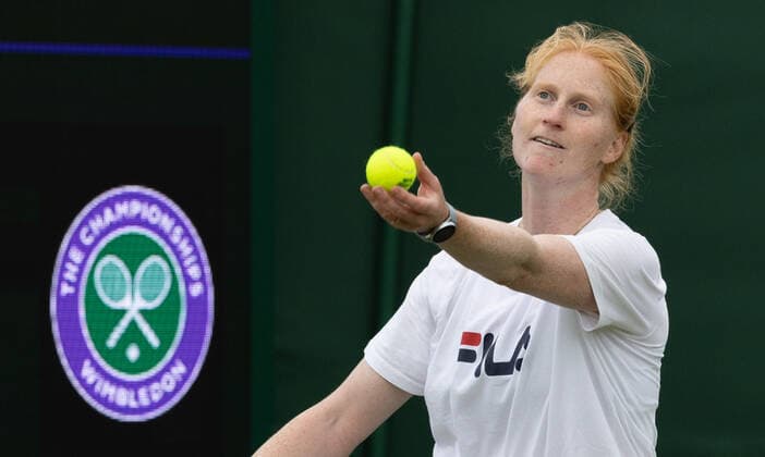 Belgian Alison Van Uytvanck pictured during a training session ahead of the 2022 Wimbledon grand slam tennis tournament at the All England Tennis Club, in south-west London, Britain, Saturday 25 June 2022. BENOITxDOPPAGNE  x36631497x