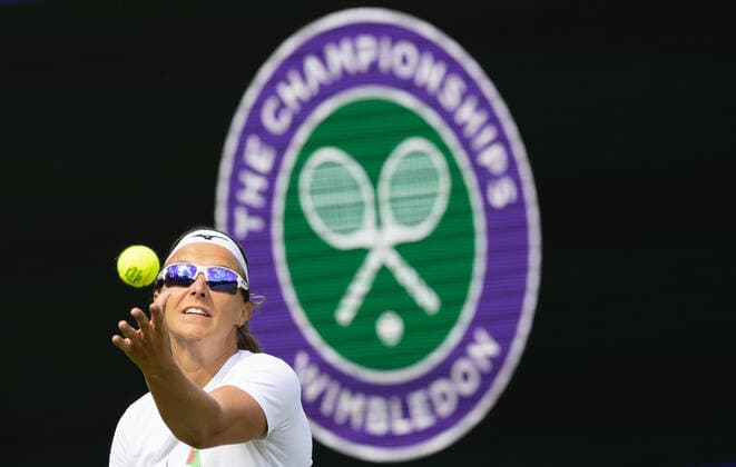 Belgian Kirsten Flipkens pictured during a training session ahead of the 2022 Wimbledon grand slam tennis tournament at the All England Tennis Club, in south-west London, Britain, Saturday 25 June 2022. BENOITxDOPPAGNE  x36631500x