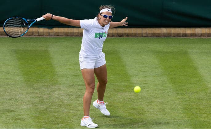 Belgian Kirsten Flipkens pictured during a training session ahead of the 2022 Wimbledon grand slam tennis tournament at the All England Tennis Club, in south-west London, Britain, Saturday 25 June 2022. BENOITxDOPPAGNE  x36631502x