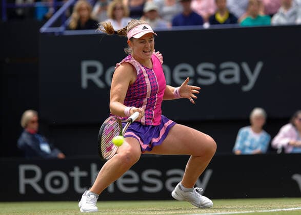 25th June 2022, Devonshire Park, Eastbourne, England; Eastbourne International Lawn Tennis Tournament finals; Jelena Ostapenko (LAT) plays a forehand against Petra Kvitova (CZE) in the womens single final  ActionPlus12402457 HongboxChen