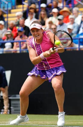 25th June 2022, Devonshire Park, Eastbourne, England; Eastbourne International Lawn Tennis Tournament finals; Jelena Ostapenko (LAT) plays a backhand against Petra Kvitova (CZE) in the womens single final  ActionPlus12402471 HongboxChen