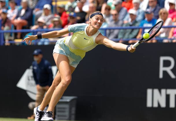 25th June 2022, Devonshire Park, Eastbourne, England; Eastbourne International Lawn Tennis Tournament finals; Petra Kvitova (CZE) plays a forehand against Jelena Ostapenko (LAT) in the womens single final  ActionPlus12402478 HongboxChen