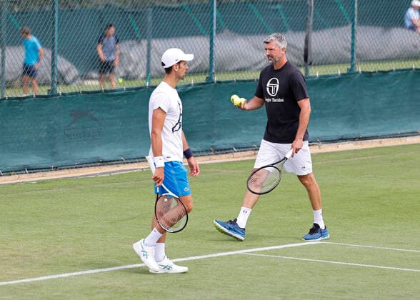 Novak Djokovic SRB trains with coach, coach Goran Ivanisevic, training, Aorangi Park Copyright: xJuergenxHasenkopfx