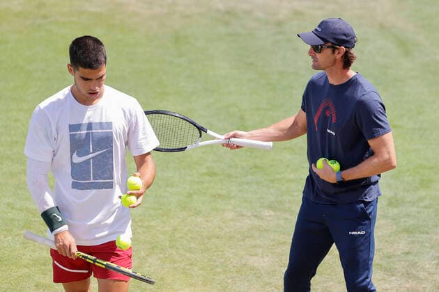 Carlos Alcaraz and coach, coach Juan Carlos Ferrero train at Aorangi Park,Wimbledon, Copyright: xJuergenxHasenkopfx
