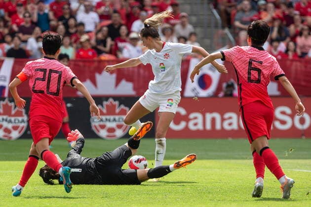 Fußball, Frauen Länderspiel, Kanada - Südkorea June 26, 2022, TORONTO, ON, CAN: Canada WomenöÄÃ s Jordyn Huitema (centre) tries to recover a loose ball from Korean Republic womenöÄÃ s goalkeeper Youngguel Yoon during first half International Friendly, Länderspiel, Nationalmannschaft action, in Toronto, Ont., Sunday, June 26, 2022. Jordyn Huitema; Youngguel Yoon - ZUMAc35_ 20220626_zaf_c35_071 Copyright: xChrisxYoungx