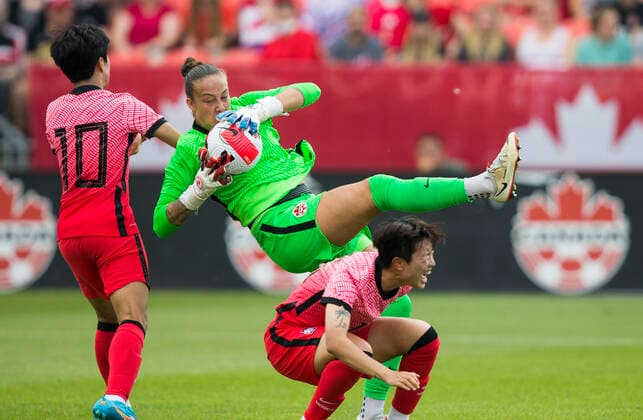 Sport Bilder des Tages Fußball, Frauen Länderspiel, Kanada - Südkorea (220627) -- TORONTO, June 27, 2022 -- Goalkeeper Kailen Sheridan (C) of Canada makes a save during a football friendly match between Canada and South Korea at BMO Field in Toronto, Canada, on June 26, 2022. (Photo by Xinhua) (SP)CANADA-TORONTO-FOOTBALL FRIENDLY MATCH-CANADA VS SOUTH KOREA ZouxZheng 