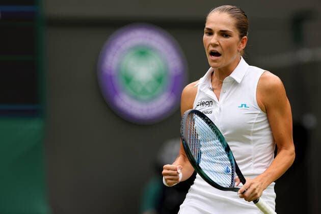 27th June 2022, All England Lawn Tennis and Croquet Club, London, England; Wimbledon Tennis tournament; Mirjam Bjorklund celebrates after she wins a point against Ons Jabeur in the womens singles  ActionPlus12402585 ShaunxBrooks