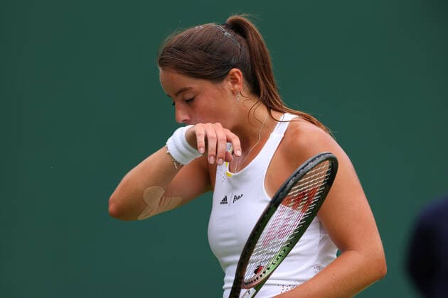 27th June 2022, All England Lawn Tennis and Croquet Club, London, England; Wimbledon Tennis tournament; Jodie Burrage reacts as Lesia Tsurenko breaks a her serve during the ladies singles  ActionPlus12402543 ShaunxBrooks
